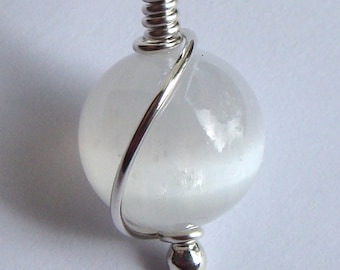 White Selenite Pendant 12-13mm Selenite Charm Round Selenite Wire Wrapped in Sterling Silver Selenite Slide