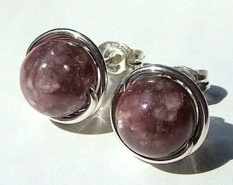 Lepidolite Studs 4mm 6mm or 8mm Studs Post Earrings Wire Wrapped in Sterling Silver