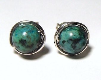 Sterling Threaders Stone Jewelry Ready to Ship Aqua Earrings African Turquoise Jasper Earrings Jasper Jewelry Threader Earrings
