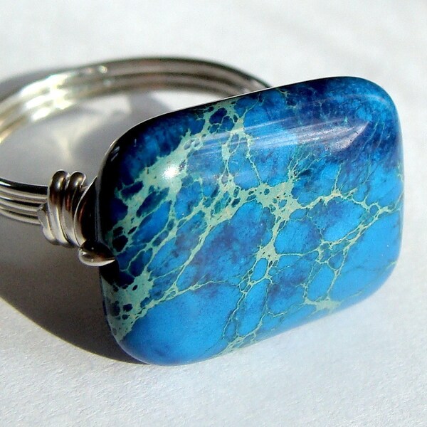 Blue Aqua Terra Jasper Rectangle Gemstone Ring Wire Wrapped in Sterling Silver Statement Ring