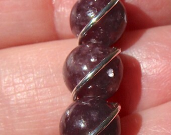 Lepidolite Pendant Three 8mm Stone Lepidolite Slide Lepidolite Charm Wire Wrapped in Sterling Silver Lepidolite Jewelry
