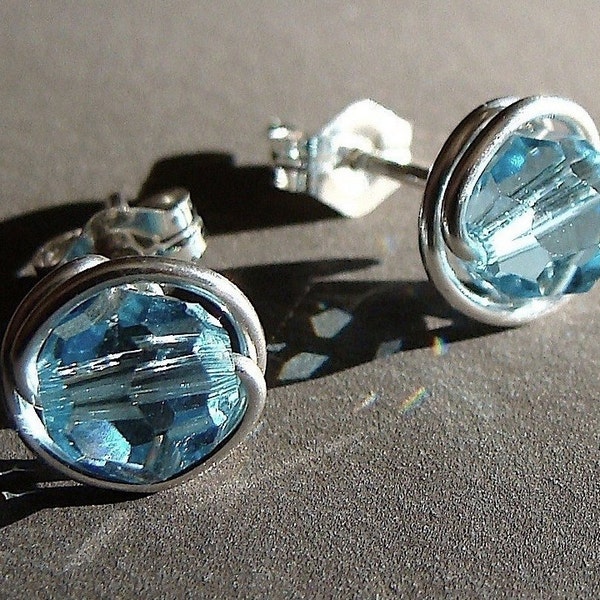 Aquamarine Blue Crystal Studs 4mm 5mm 6mm Sterling Silver Aquamarine Earrings Swarovski Crystal Birthstone Post Earrings