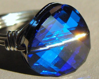 18mm Crystal Twist Bermuda Blue Swarovski Crystal Cocktail Ring Wire Wrapped in Sterling Silver Statement Ring