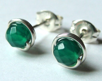 Green Onyx Studs Tiny Faceted Emerald Green Onyx Studs Post Earrings Wire Wrapped in Sterling Silver Stud Earrings Studs