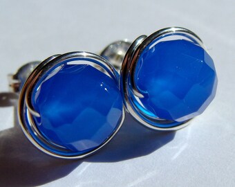 Blue Agate Studs 8mm Faceted Blue Agate Post Earrings Wire Wrapped in Sterling Silver Stud Earrings Studs