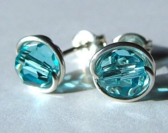 Turquoise Studs Light Turquoise Swarovski Crystal 6mm Post Earrings in Sterling Silver Stud Earrings Studs