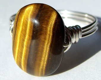 Small Tiger's Eye Ring Oblong Oval Side Drilled Tiger's Eye Gemstone Ring Wire Wrapped in Sterling Silver Ring