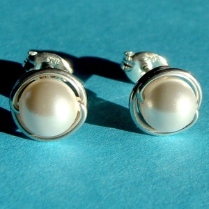 Pearl Studs Crystal Pearl Earrings 6mm White Swarovski Pearl Post Earrings Wire Wrapped in Sterling Silver or 14K Gold Filled Stud Earrings