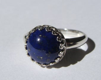 Lapis Ring 10mm Round Lapis Cabochon Blue Gemstone Ring in Sterling Silver Lapis Ring Size 7