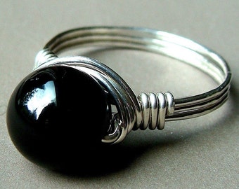 Onyx Ring 10mm Round Black Onyx Ring Wire Wrapped in Sterling Silver Ring Onyx Cocktail Ring Onyx Jewelry
