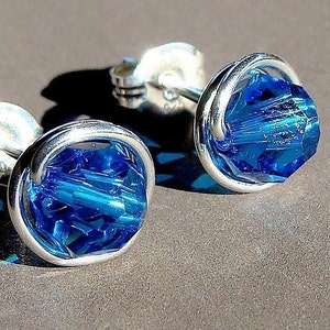 Capri Blue Crystal Studs 8mm Capri Blue Swarovski Crystal Post Earrings in Sterling Silver Stud Earrings Studs