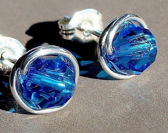 Mens capri blue and white crystal earrings 6mm 