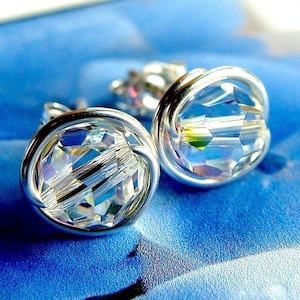 Sprarkly AB Crystal Studs 8mm Crystal AB Swarovski Crystal Post Earrings Wire Wrapped in Sterling Silver Stud Earrings