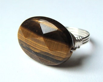 Oval Tiger's Eye Gemstone Ring Wire Wrapped in Sterling Silver Faceted Tigers Eye Ring