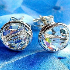 Sprarkly AB Crystal Studs 8mm Crystal AB Swarovski Crystal Post Earrings Wire Wrapped in Sterling Silver Stud Earrings