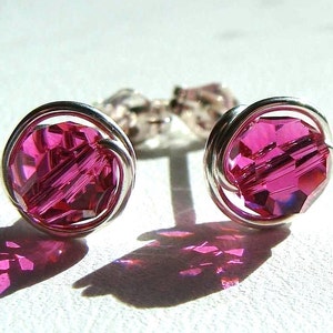 Fuchsia Pink Crystal Studs 6mm or 4mm Fuchsia Swarovski Crystal Post Earrings Wire Wrapped in Sterling Silver Stud Earrings Studs