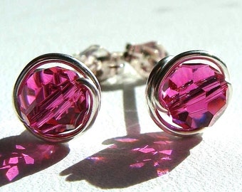 Fuchsia Pink Crystal Studs 6mm or 4mm Fuchsia Swarovski Crystal Post Earrings Wire Wrapped in Sterling Silver Stud Earrings Studs