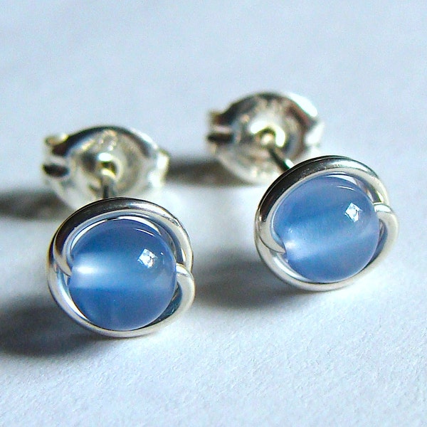Periwinkle Blue Studs 4mm 6mm 8mm Chalcedony Tiny Studs Earrings Wire Wrapped in Sterling Silver Post Earrings
