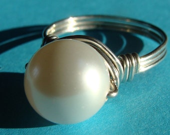 Pearl Ring White Crystal Pearl Ring 10mm White Swarovski Pearl Ring Wrapped in Sterling Silver Cocktail Ring