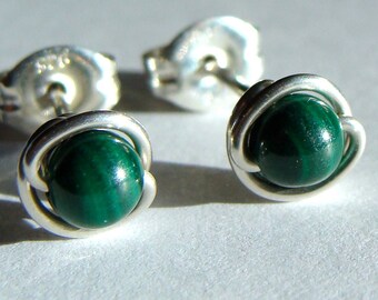Malachite Studs Tiny 4mm Malachite Post Earrings Wire Wrapped in Sterling Silver Stud Earrings Malachite Studs
