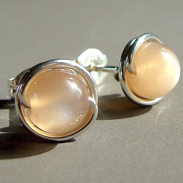 Moonstone Studs 8mm Peach Moonstone Post Earrings Moonstone in Sterling Silver Stud Earrings