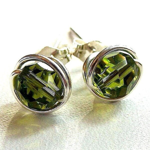 Olivine Swarovski Crystal Stud Post Earrings in Sterling Silver