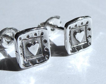 Tiny Heart Studs Valentine's Day Square Heart Earrings Sterling Silver Earrings Valentine Jewelry Gift Small Post Earrings Stud Earrings