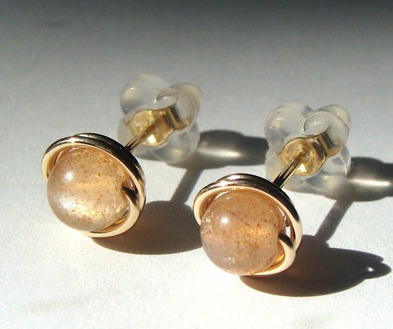 Moonstone Studs 4mm Peach Moonstone Post Earrings in 14K Gold Filled Moonstone Stud Earrings