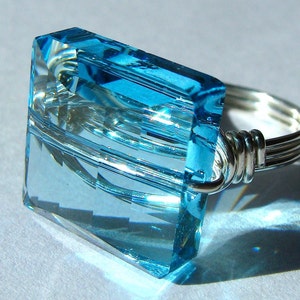 OOPS Square Crystal Ring Square Aquamarine Swarovski Crystal and Sterling Silver Cocktail Ring Statement Ring