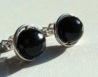Faceted Black Onyx Studs Black Onyx Earrings 8mm Post Earrings Wire Wrapped in Sterling Silver