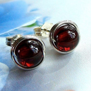 Gold Garnet Studs 6mm Garnet Stud Earrings Wrapped in 14K Yellow Gold Filled Garnet Post Earrings Birthstone Earrings