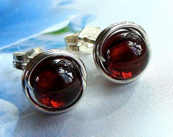 6mm Garnet Studs Garnet Earrings Wire Wrapped in Sterling Silver Post Earrings Birthstone Earrings