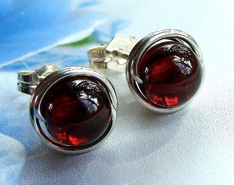 Gold Garnet Studs 6mm Garnet Stud Earrings Wrapped in 14K Yellow Gold Filled Garnet Post Earrings Birthstone Earrings