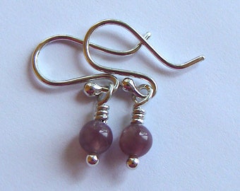 Tiny Lepidolite Dangle Earrings 4mm 6mm Lepidolite Earrings Wire Wrapped in Sterling Silver Lepidolite Jewelry