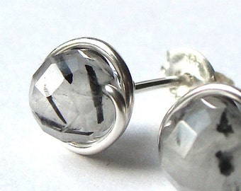 Tourmalinated Quartz Studs 6mm Faceted Tourmalinated Quartz Studs Earrings Wire Wrapped in Sterling Silver Post Earrings Studs