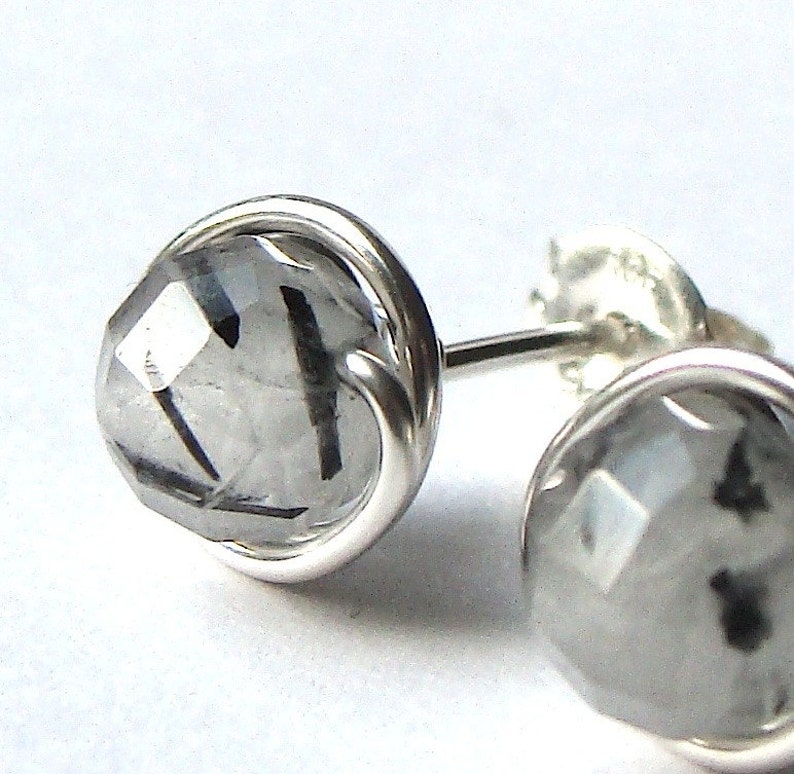 Tourmalinated Quartz Studs 6mm Faceted Tourmalinated Quartz Studs Earrings Wire Wrapped in Sterling Silver Post Earrings Studs image 1