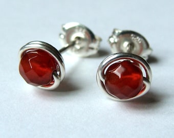 Tiny Faceted Carnelian Studs Post Earrings Wire Wrapped in Sterling Silver Stud Earrings Tiny Earrings Studs