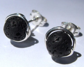 Lava Studs Lava Stone Lava Earrings Black Studs 8mm 6mm 4mm Post Earrings in Sterling Silver Stud Earrings