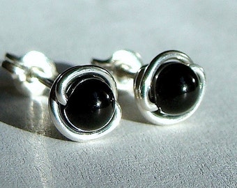 Tiny Black Onyx Studs 4mm Round Onyx Post Earrings Wire Wrapped in Sterling Silver Ony Stud Earrings