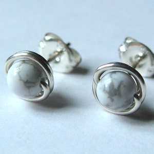 White Howlite Studs White Howlite Post Earrings 4mm 6mm or 8mm Wire Wrapped in Sterling Silver Stud Earrings