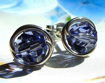 Tanzanite Studs Tanzanite Crystal 6mm or 4mm Tanzanite Swarovski Crystal Post Earrings in Sterling Silver Stud Earrings Studs