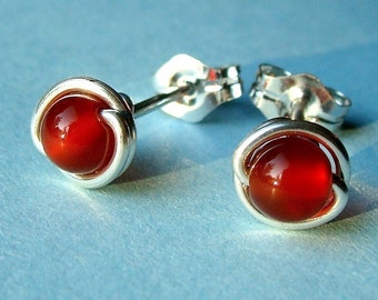 Tiny Carnelian Studs Carnelian Post Earrings Wire Wrapped in Sterling Silver Stud Earrings