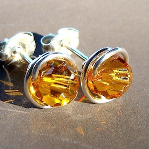 Topaz Crystal Studs 6mm Topaz Swarovski Earrings Crystal Post Earrings Wire Wrapped in Sterling Silver Stud Earrings Topaz Studs