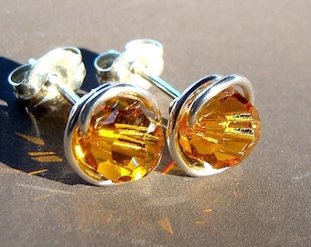Topaz Swarovski Crystal Studs 6mm Topaz Post Earrings Wire Wrapped in Sterling Silver