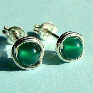 Tiny Emerald Green Onyx Studs 4mm Green Post Earrings Wire Wrapped in Sterling Silver Stud Earrings Onyx Studs