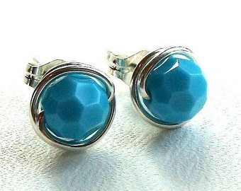 Turquoise Studs 6mm 4mm Turquoise Studs Swarovski Crystal Post Earrings Wire Wrapped in Sterling Silver Stud Earrings Studs