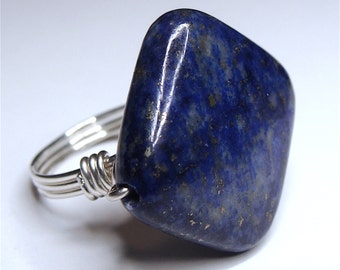 Lapis Ring Sterling Silver Lapis Large Diamond Square Lapis Cocktail Ring Statement Ring Lapis Gemstone Ring