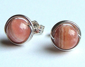 Rhodochrosite Studs 6mm Rhodochrosite Post Earrings Wire Wrapped in Sterling Silver Stud Earrings Studs