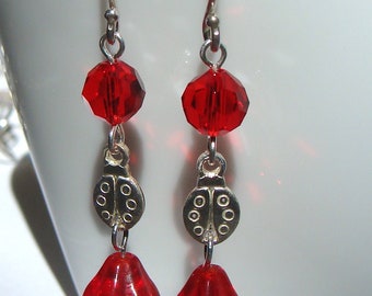 Ladybug Dangle Earrings Sterling Silver Lady Bug Jewelry Red Swarovski Crystal Dangle Earrings