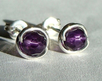 Amethyst Studs 4mm Round Tiny Faceted Amethyst Studs Post Earrings Wire Wrapped in Sterling Silver Stud Earrings Birthstone Earrings Studs